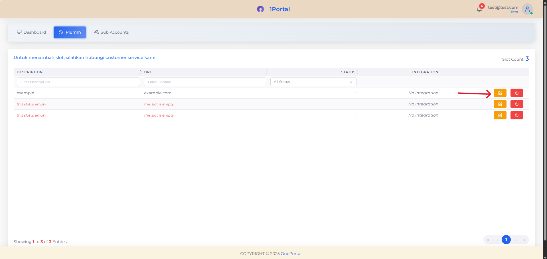 Halaman Slot List menampilkan daftar slot yang tersedia untuk digunakan
