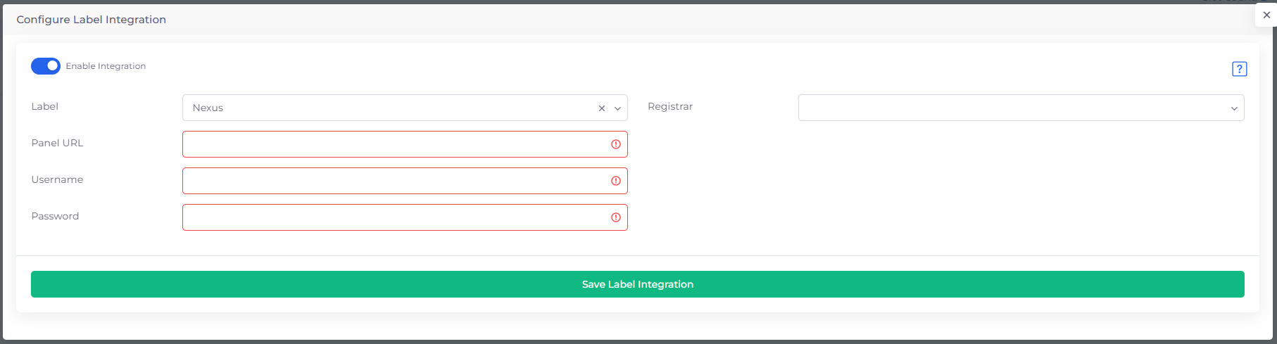 Form Konfigurasi Integrasi Label dengan Nexus dipilih dan semua field terisi benar