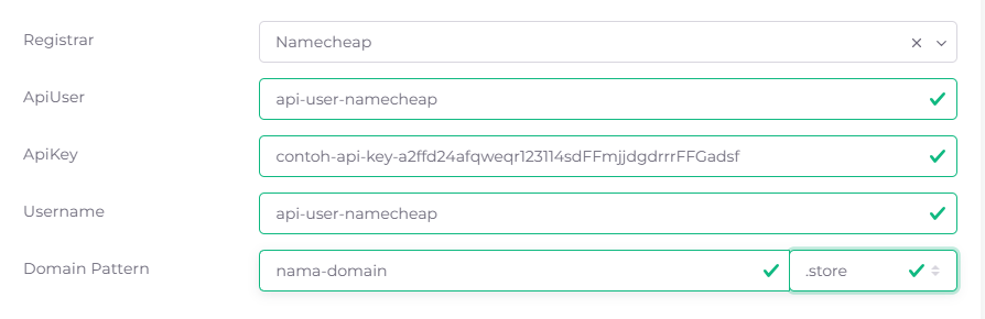 Panel integrasi registrar dengan Namecheap dipilih dan semua field terisi