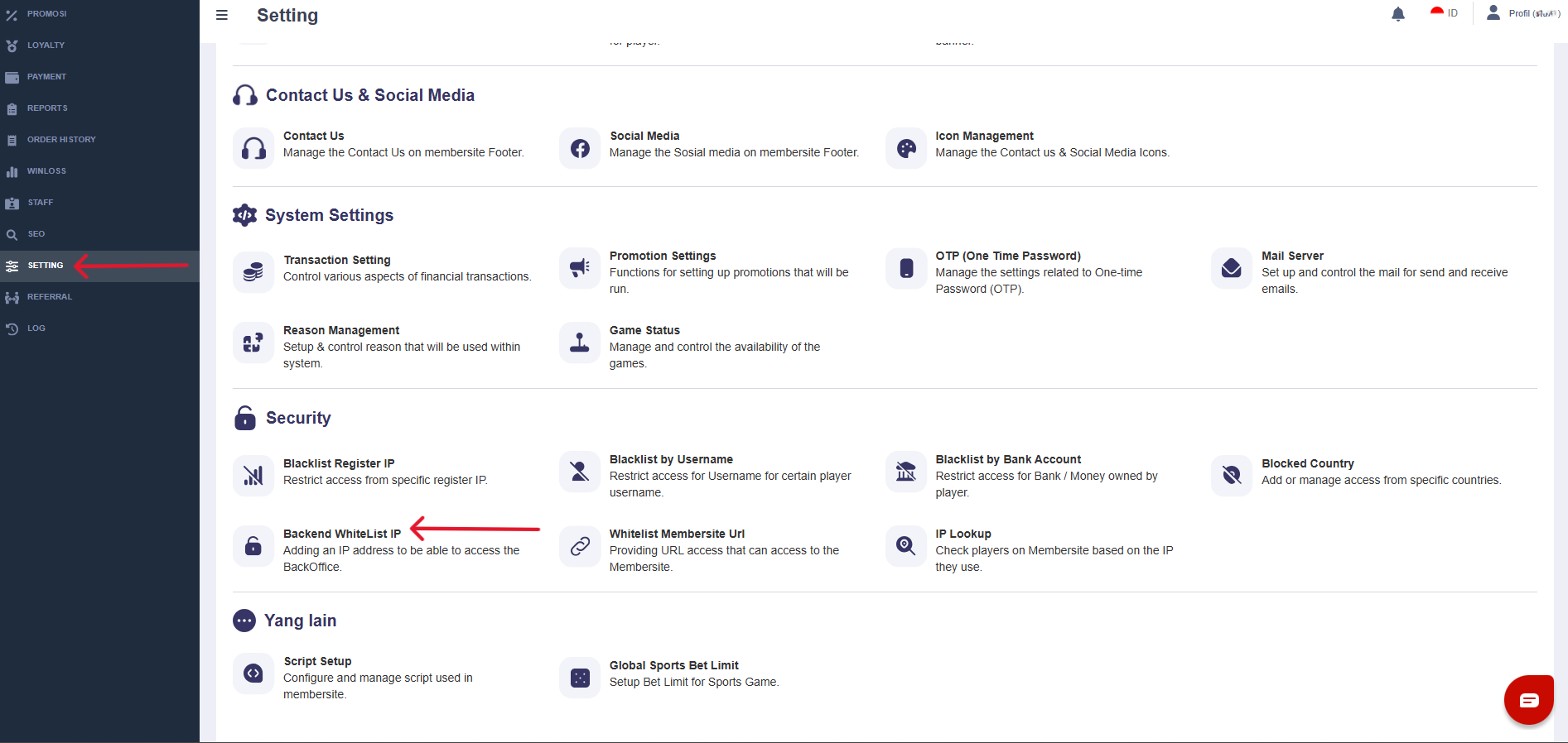 Halaman Backend Whitelist IP di panel whitelabel Nexus