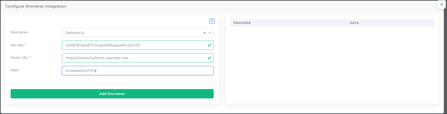 Form konfigurasi integrasi Rebrandly di Plumm dengan semua field terisi