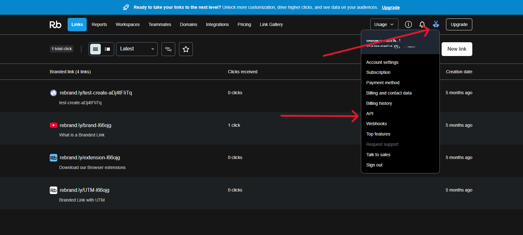 Navigasi menu ke API & Developers di dashboard Rebrandly
