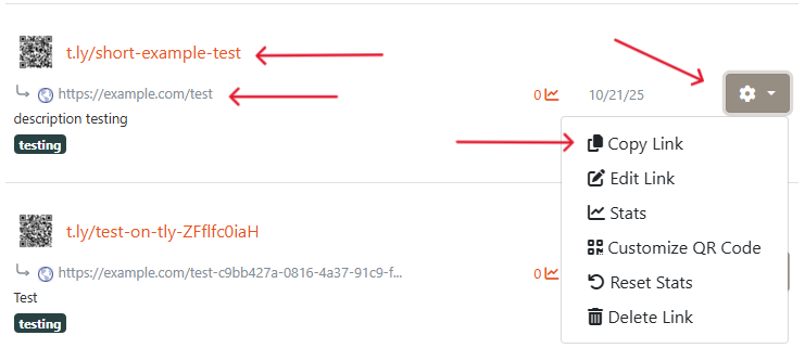 Menu gear button dengan opsi Copy Link